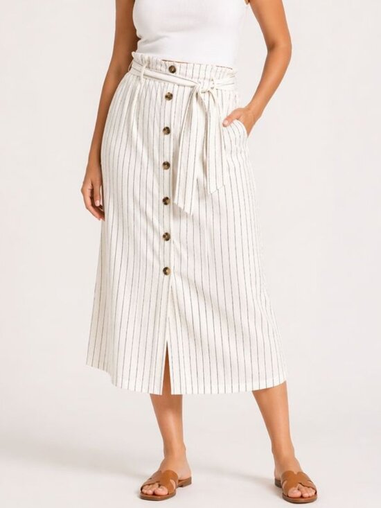 Forever 21 Dresses & Skirts - Forever 21 Plus 0x Linen Stripe Midi Skirt Tie Waist Button Front NWT